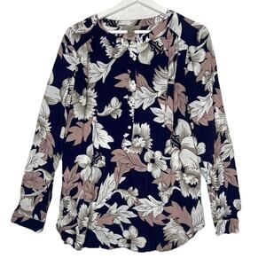 Loft Outlet Womens Roll Tab Sleeve Leaf Print Stretch Button Up Blue Tan L